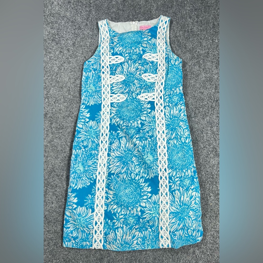 Lilly Pulitzer Blue Floral White Embroidered Sleeveless Sz  2